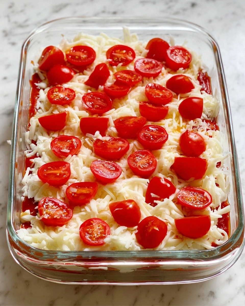 A clear rectangular glass dish is filled with a layer of white shredded cheese at the bottom, topped with a light spread of red tomato sauce, followed by another layer of white shredded cheese scattered unevenly on top. On the very top layer, bright red cherry tomato halves are evenly placed across the surface. The dish is set on a white marbled surface. Photo taken with an iphone --ar 4:5 --v 7