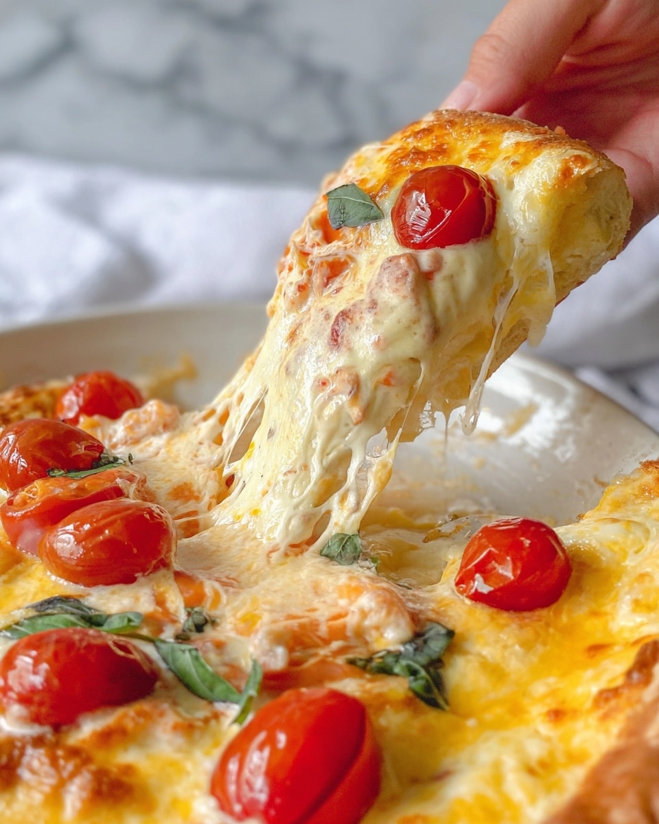 A close-up view of a cheesy pizza slice being lifted from a white plate placed on a white marbled surface. The pizza has a golden brown crust with melted cheese that stretches in thin strings as the slice is pulled up. On the pizza surface, there are several bright red cherry tomato halves and green basil leaves scattered over a layer of melted yellow and white cheese. The cheese layer appears soft and creamy with some slight brown spots, and the crust looks soft on the inside with a slightly crispy outside edge. A woman's hand is holding the slice, showing the texture and stretchiness of the cheese. Photo taken with an iphone --ar 4:5 --v 7