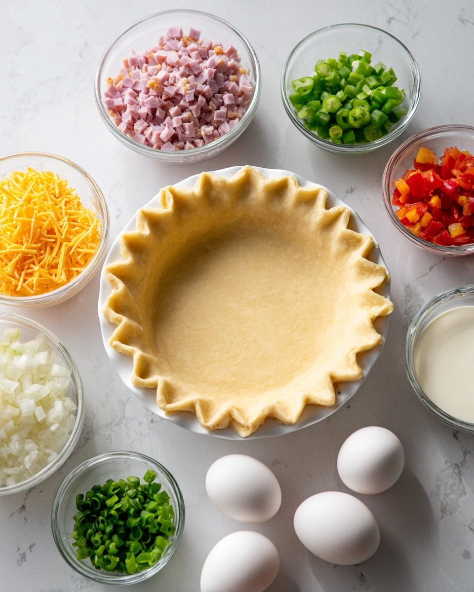 A white pie dish holds an unbaked pie crust with a zigzag pattern on its edge, centered on a white marbled surface. Around the dish are eight bowls: finely chopped pink ham, small white onion pieces, diced green bell peppers, finely chopped red bell peppers, shredded orange cheddar cheese, four whole white eggs, cream in a clear bowl, minced garlic, and chopped green onions. The bowls are all white or clear glass and arranged neatly around the pie crust. The lighting is bright and natural, highlighting the fresh colors of the ingredients. Photo taken with an iphone --ar 4:5 --v 7