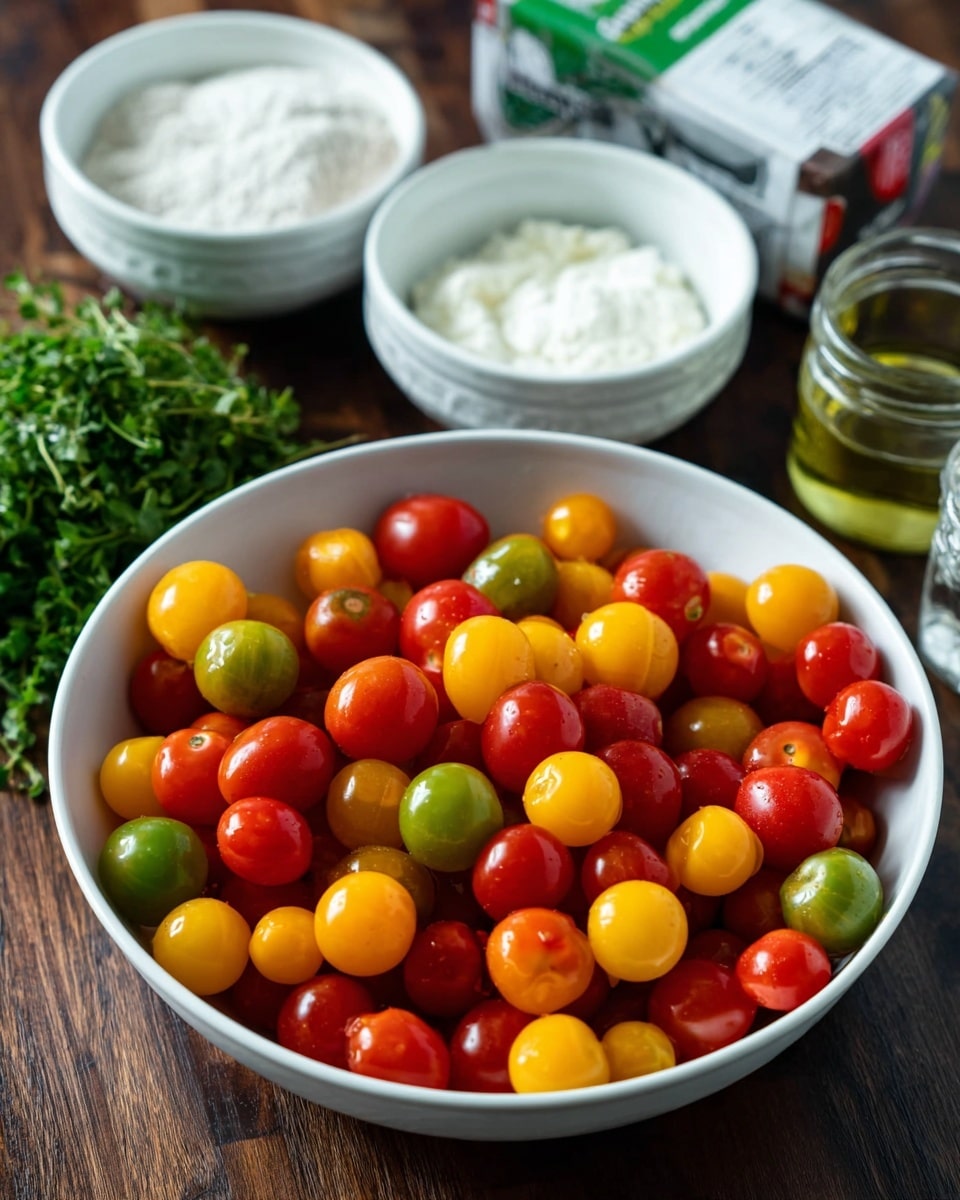 A white bowl is full of small cherry tomatoes in three colors: red, yellow, and green. Behind this bowl, there are two white bowls, one with a white powdery ingredient and the other with a creamy white substance. Around the bowls, there are a few small clear glass containers holding oil and salt. To the side, fresh green herbs are visible. The scene is set on a dark wooden surface, replaced with a white marbled texture. photo taken with an iphone --ar 4:5 --v 7