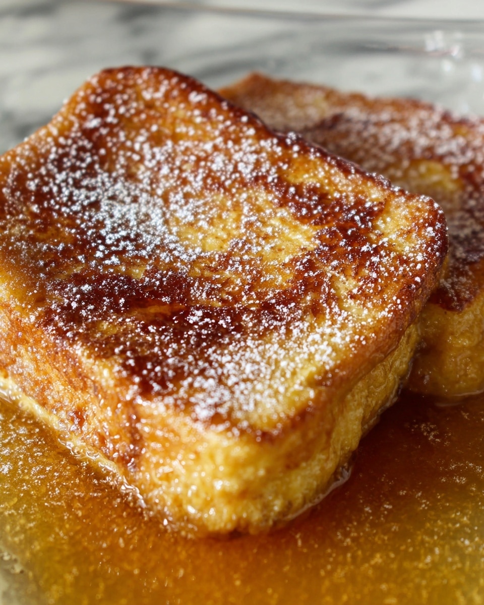 A close-up view of two thick slices of French toast cooked to a golden brown with a slightly crisp, textured top layer sprinkled with a light dusting of powdered sugar. The toast sits in a shallow pool of rich, warm syrup that glistens around the edges, adding a sticky shine to the soft, custard-like inside of the bread. The focus is on the front slice, showing its fluffy, moist texture and the syrup seeping gently beneath. The background shows a white marbled texture. photo taken with an iphone --ar 4:5 --v 7