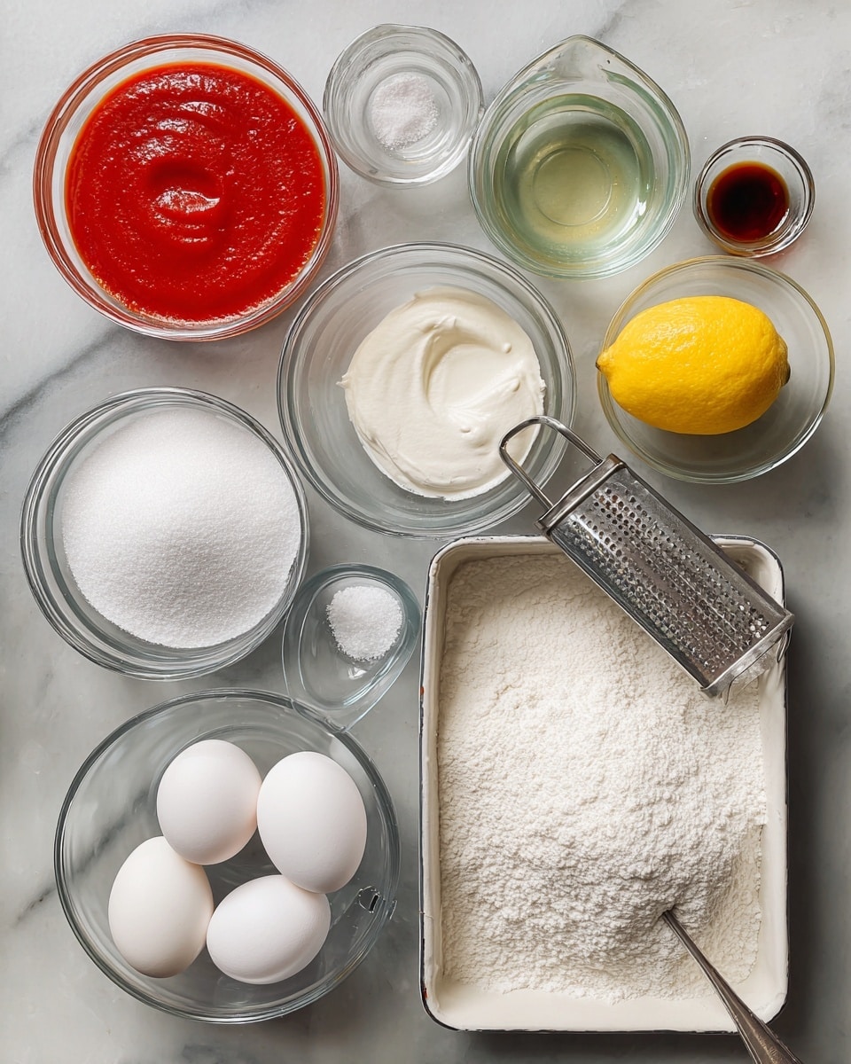 The image shows a baking tray with several clear glass bowls and small containers placed neat on a white marbled surface. There are two whole white eggs and a bright yellow lemon on the right side in a white metal baking pan, along with a long grater. The largest glass bowl is filled with white flour, positioned at the bottom right. Above it to the left, there is a bowl filled with white granulated sugar and a smaller bowl with white sour cream or similar creamy ingredient. To the top left, there is a bowl of smooth, red tomato sauce. At the very top, a glass measuring cup holds a clear liquid like water or oil. Between these are small containers with baking soda or powder and darker vanilla extract, and a pinch of coarse sea salt. The colors contrast well, with whites, red, yellow, and transparent ingredients arranged clean and clearly. photo taken with an iphone --ar 4:5 --v 7