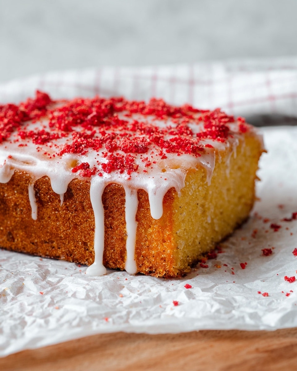A single square cake with a golden brown base layer that looks soft and spongy. On top, a thick white glaze drips down the sides unevenly, creating vertical streaks. The top surface is covered with bright red crushed pieces scattered all over, adding a rough texture and vibrant color contrast. The cake is placed on crumpled white paper over a wooden surface with a light checkered cloth blurred in the background, all set on a white marbled texture. Photo taken with an iphone --ar 4:5 --v 7