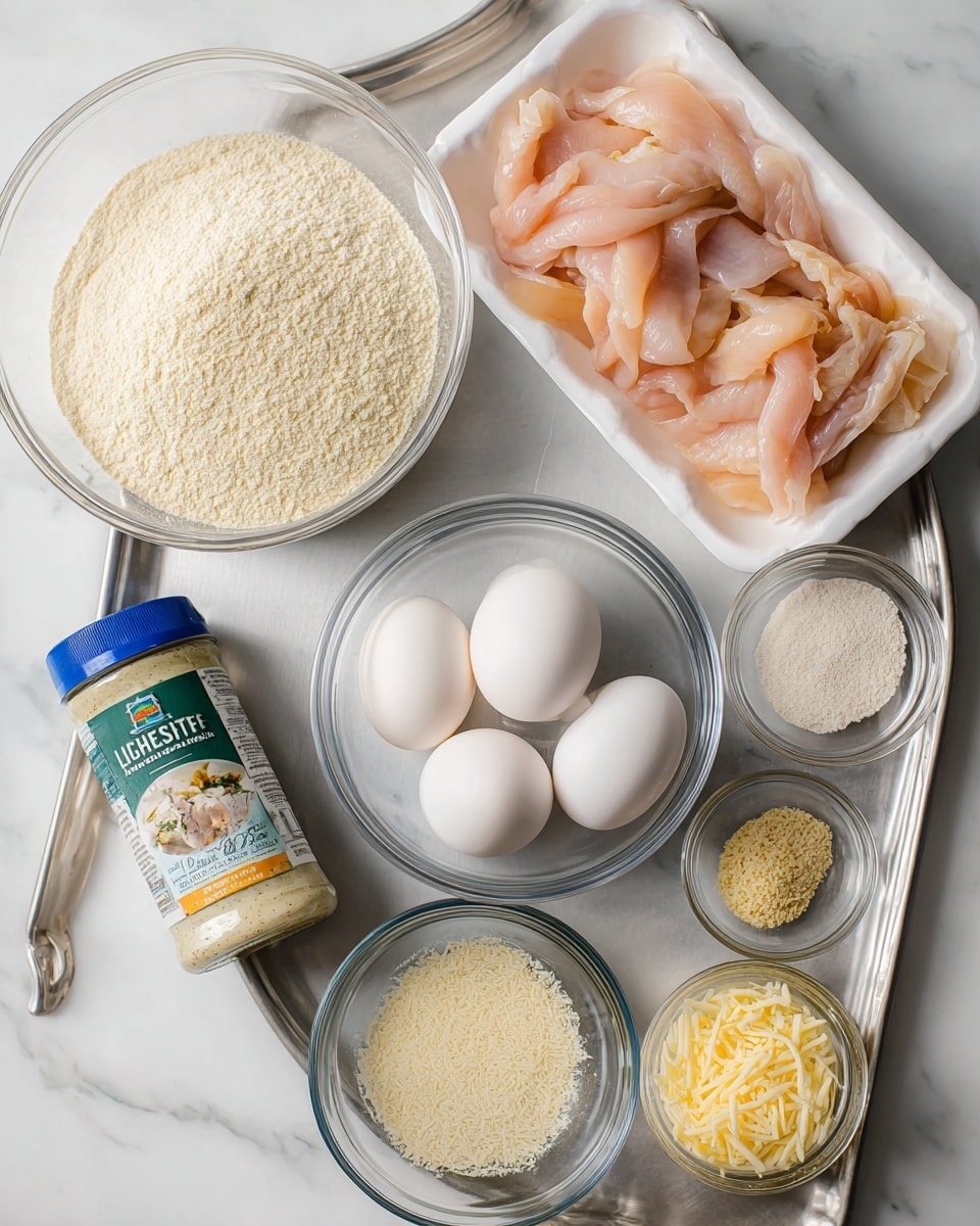The image shows an overhead view of various ingredients arranged neatly on a white marbled surface. At the center is a clear glass bowl with three white eggs. To the top right, there is a white foam tray filled with thin, raw chicken strips in light pink and pale yellow shades. To the left of the eggs, a large clear glass bowl holds fine, light beige breadcrumbs. A jar of Litehouse Homestyle Ranch dressing with a blue lid and green label is positioned to the top center. Around the glass bowl with eggs, a small clear glass bowl of flour, a small bowl with grainy mustard, and three more small clear bowls with different powders in light beige tones are placed. A small glass bowl of finely grated cheese is also visible on the right side. Everything rests on a silver tray, all bright and clean, with no shadows. Photo taken with an iphone --ar 4:5 --v 7