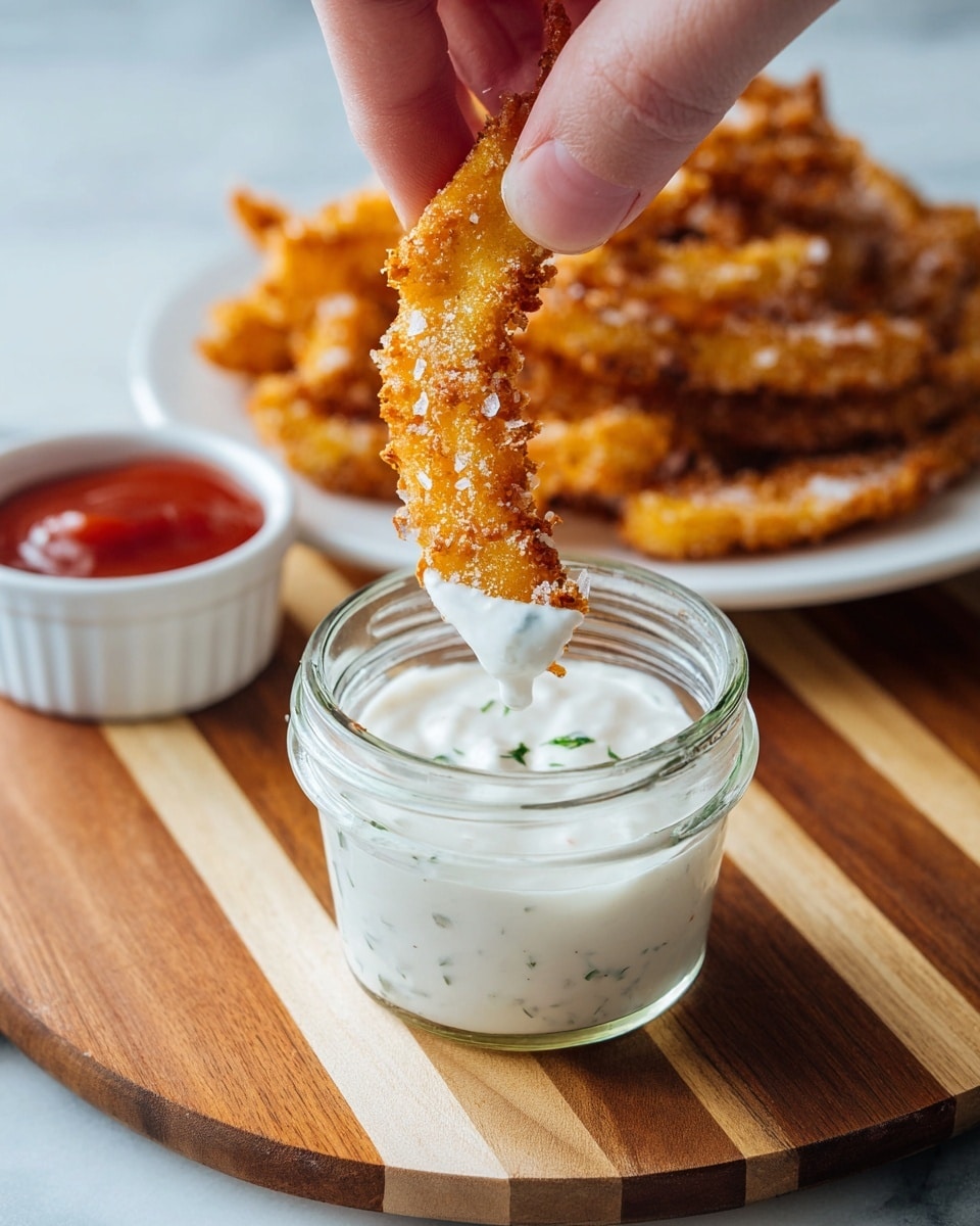 A close-up shot shows a woman's hand holding a golden brown fried strip coated with coarse salt, dipping it into a clear glass jar filled with white creamy sauce with green herbs mixed in. Below the jar is a round wooden board with light and dark wood stripes. To the left, there is a small white bowl filled with red ketchup. In the blurry background, a white plate piled with more fried strips is placed on a white marbled surface. Photo taken with an iphone --ar 4:5 --v 7