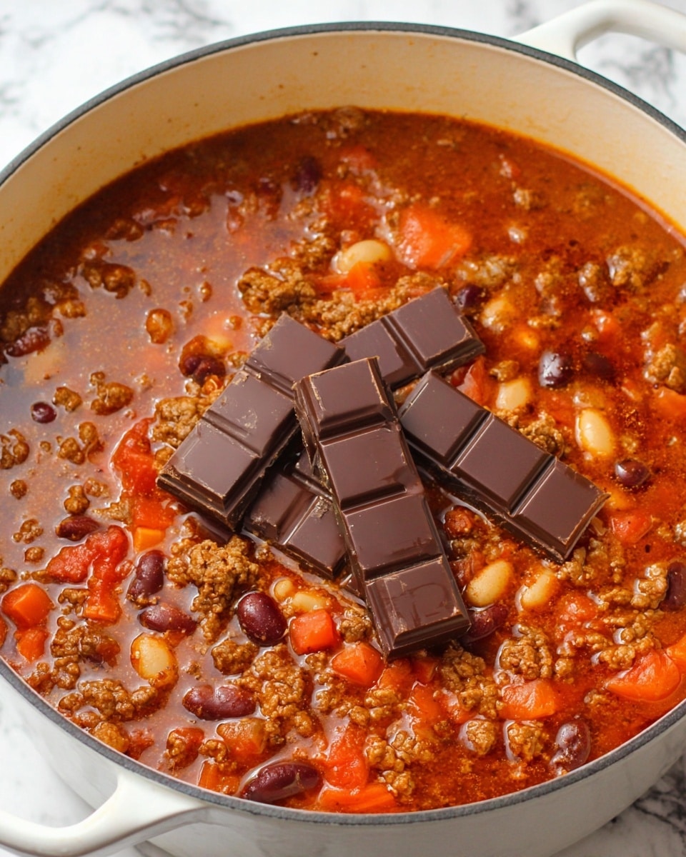 The image shows a close-up of a stew in a white pot, with a rich red-orange broth filled with visible chunks of ground meat, beans, and diced vegetables like carrots and tomatoes. On top of the stew, there are four dark brown chocolate bars placed in the center, partially melting into the stew. The texture of the stew looks hearty and slightly chunky with a glossy, oily surface. The white pot contrasts with the deep warm colors of the stew inside, and the background is a white marbled texture. photo taken with an iphone --ar 4:5 --v 7