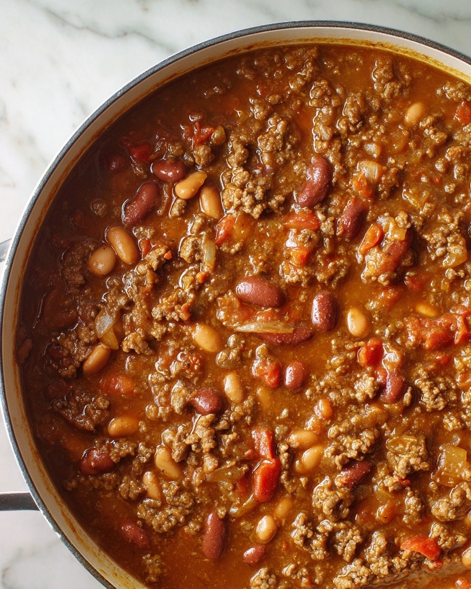 The dish shows a thick stew with three main layers. The base layer is a rich brown sauce that looks slightly oily and shiny. Mixed inside are three other layers: small chunks of cooked ground meat in dark brown color, whole light brown beans scattered evenly, and bright red diced tomatoes along with translucent cooked onions. All these layers blend together in a stew texture with small pieces visible everywhere, and the dish is served in a white pot on a white marbled surface. photo taken with an iphone --ar 4:5 --v 7