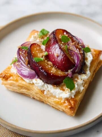 Cheese Plum Tart with Caramelized Onions and Fresh Basil Recipe