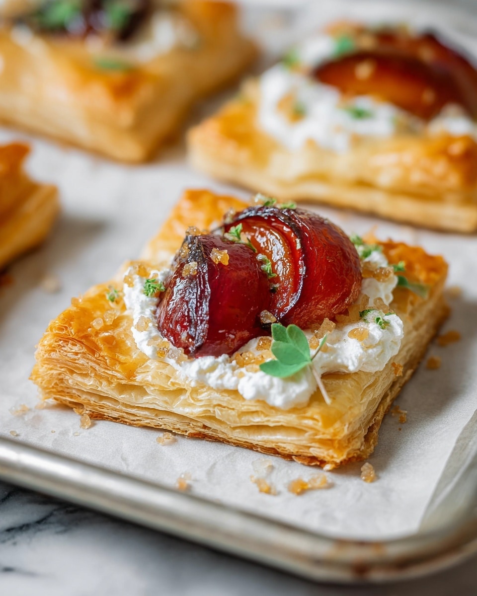 The image shows a square puff pastry tart with four visible layers that are golden and flaky, topped with a rough white cream layer spread unevenly. On top of the cream, there are two thick slices of cooked fruit with a glazed, shiny reddish-brown color, arranged in the center. Small green herb leaves and light brown sugar crystals are sprinkled around the fruit, adding texture and color. The tart sits on white parchment paper on a metal tray, with more similar tarts blurred in the background on a white marbled surface. Photo taken with an iphone --ar 4:5 --v 7