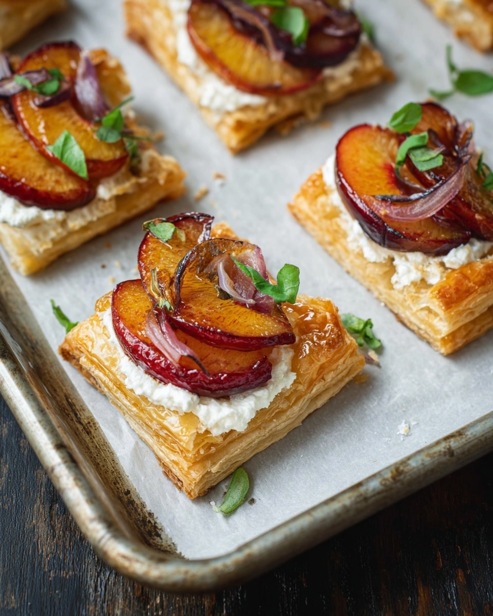 The image shows small rectangular pastries on a white parchment paper-lined metal tray placed on a dark wooden surface. Each pastry has two visible layers of golden-brown puff pastry with a crisp, flaky texture. On top of the pastry, there is a thick, creamy white layer of cheese. Above the cheese, slices of cooked plum with a shiny, caramelized reddish-purple skin and soft orange flesh are arranged along with thin cooked strips of red onion. Small green fresh herb leaves are scattered on top, adding a fresh touch. The photo taken with an iphone --ar 4:5 --v 7