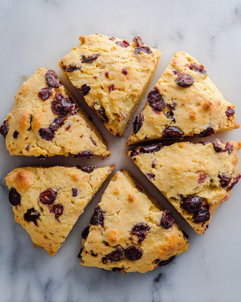 A round scone with a crumbly texture is sliced into eight pieces, showing a light golden-yellow dough mixed with uneven dark red to purplish cherries both inside and on top. The scone surface is rough with visible chunks of cherries scattered throughout, some slightly sunken into the dough. It rests on a white marbled surface with sharp cuts clearly dividing each slice. photo taken with an iphone --ar 4:5 --v 7