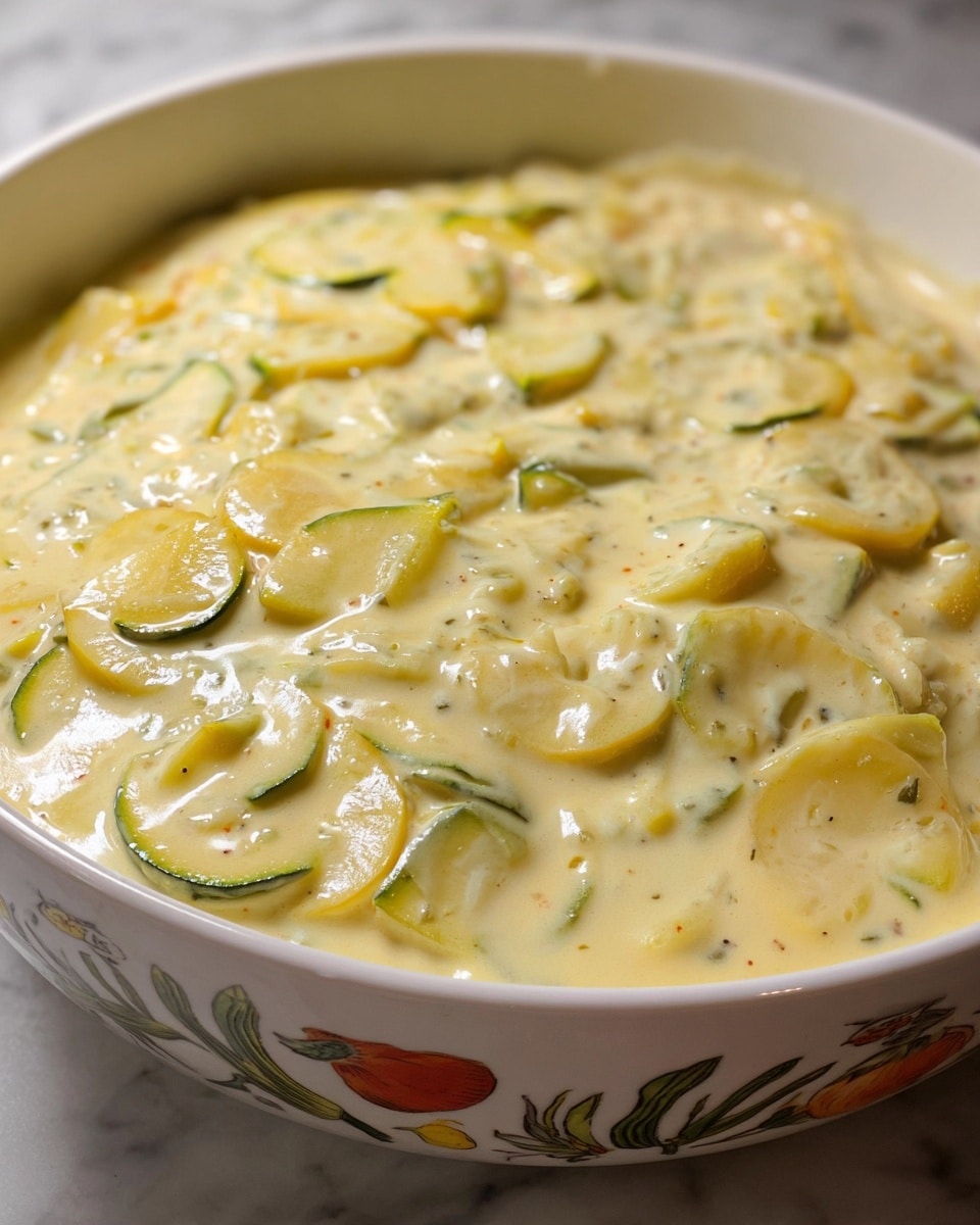 A thick creamy mixture fills a white bowl decorated with colorful vegetable drawings around its sides, resting on a white marbled surface. The dish is one layer consisting mainly of pale yellow creamy sauce with visible slices of soft, translucent green-yellow zucchini. The sauce looks smooth and slightly bubbly, covering the zucchini evenly. The image captures a close-up view, showing the texture of the creamy sauce and the tender slices beneath it. photo taken with an iphone --ar 4:5 --v 7