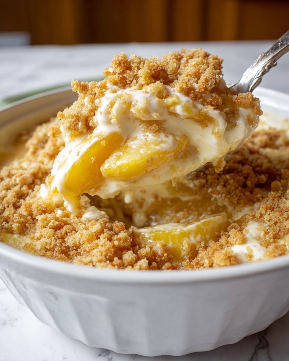The image shows a white bowl filled with a layered dessert. The bottom layer has soft, yellow fruit slices, likely peaches, surrounded by a creamy, smooth white layer. On top, there is a thick, golden-brown crumbly layer, with a crumb texture that looks crunchy and crunchy. A spoon lifts a portion from the bowl, showing all layers mixed, with the creamy and fruit filling blending with the crumb topping. The white marbled surface is visible under the bowl. Photo taken with an iphone --ar 4:5 --v 7