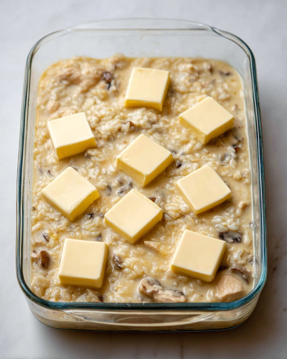 The image shows a glass rectangular baking dish filled with a thick, creamy mixture that looks like chicken and rice in a light beige sauce with small bits of mushrooms. On top of the mixture, nine square pieces of pale yellow butter are evenly placed, slightly melting into the mixture. The dish is set on a white marbled surface. The texture of the food appears soft and moist. Photo taken with an iphone --ar 4:5 --v 7