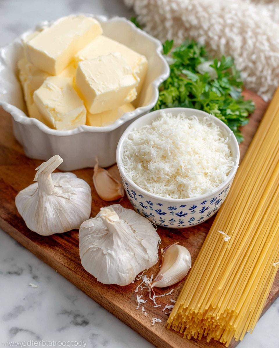 The image shows a wooden board with several ingredients arranged neatly on it. There is a white ruffled bowl on the left side filled with firm pale yellow slices of butter. Next to it, slightly to the center, is a small patterned white bowl with blue floral designs, filled and slightly overflowing with finely grated white cheese. In front of the bowls, there are three whole garlic bulbs with slightly peeled skins scattered around. To the right, there is a bundle of uncooked spaghetti noodles that are long, thin, and yellow, extending diagonally across the board. Some fresh green parsley leaves sit near the top right corner of the board. The board sits on a white marbled surface with a fuzzy cloth in the background. photo taken with an iphone --ar 4:5 --v 7