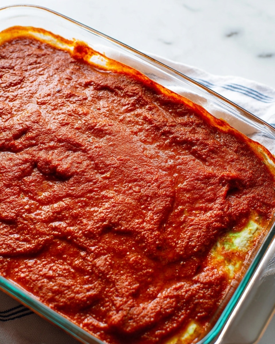 A clear glass baking dish holds a layered baked dish topped with a thick, textured, deep red tomato sauce. Beneath the sauce, there are soft, pale yellow layers that peek through in spots, suggesting cooked vegetables or pasta. The sauce has a slightly uneven surface with small cracks and a matte finish. The dish sits on a white marbled surface with a partially visible white cloth with blue stripes on the side. Photo taken with an iphone --ar 4:5 --v 7