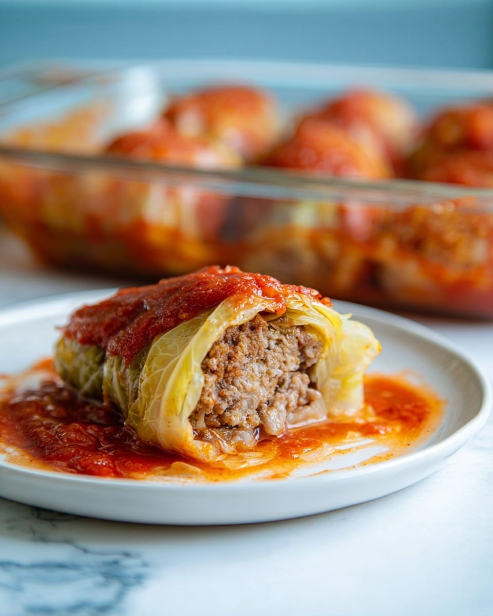 The image shows a close-up of a stuffed cabbage roll on a white plate with reddish sauce spread around it. The roll has three visible layers: the outer layer is soft, light yellow cabbage leaves wrapped around a thick, brownish meat filling with a coarse texture. The top of the roll is covered with a rich red tomato sauce. In the background, more stuffed cabbage rolls sit in a clear glass baking dish. The scene is set on a white marbled surface with a soft blue blurred background. Photo taken with an iphone --ar 4:5 --v 7