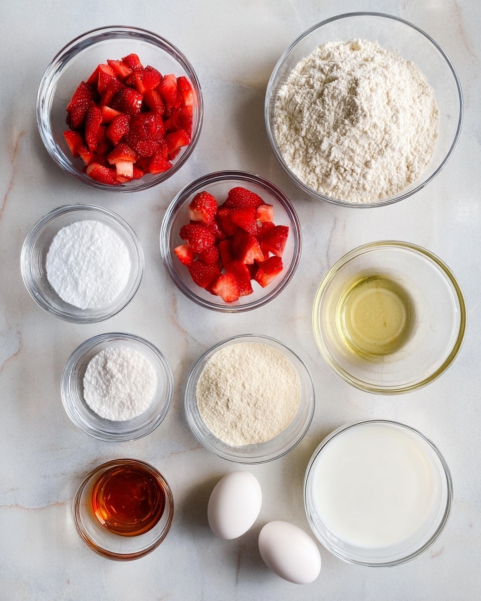 The image shows nine small clear glass bowls arranged on a white marbled surface, each holding different baking ingredients. At the top right is a bowl filled with white flour, and to the left of it is a bowl with bright red chopped strawberries. Below the strawberries is a bowl with white granulated sugar. To the right of the sugar bowl sits a bowl with clear vegetable oil. Beside the oil, a smaller bowl contains a scoop of white powder (likely baking powder) and another white powder (possibly cornstarch). At the far right is a bowl with a white liquid, possibly milk. Below this are two whole white eggs in a bowl, and at the bottom left is a tiny bowl with amber-colored vanilla extract. The overall color palette is soft and natural with contrasts between the red strawberries and white baking ingredients. Photo taken with an iphone --ar 4:5 --v 7