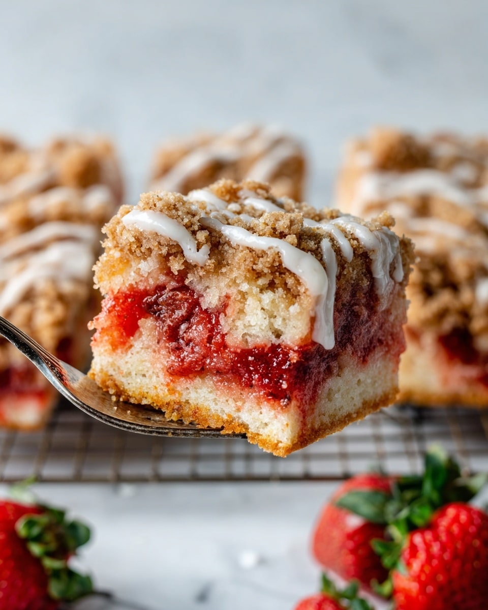 A close-up view of a thick square piece of strawberry dessert held by a fork, showing three layers: a bottom layer of soft strawberry filling with bright red chunks, a middle layer of light, fluffy cake, and a top layer of crumbly brown streusel with white icing drizzled over it. In the blurred background, fresh red strawberries with green leaves rest on a white marbled surface, and more pieces of the dessert sit on a cooling rack. Photo taken with an iphone --ar 4:5 --v 7