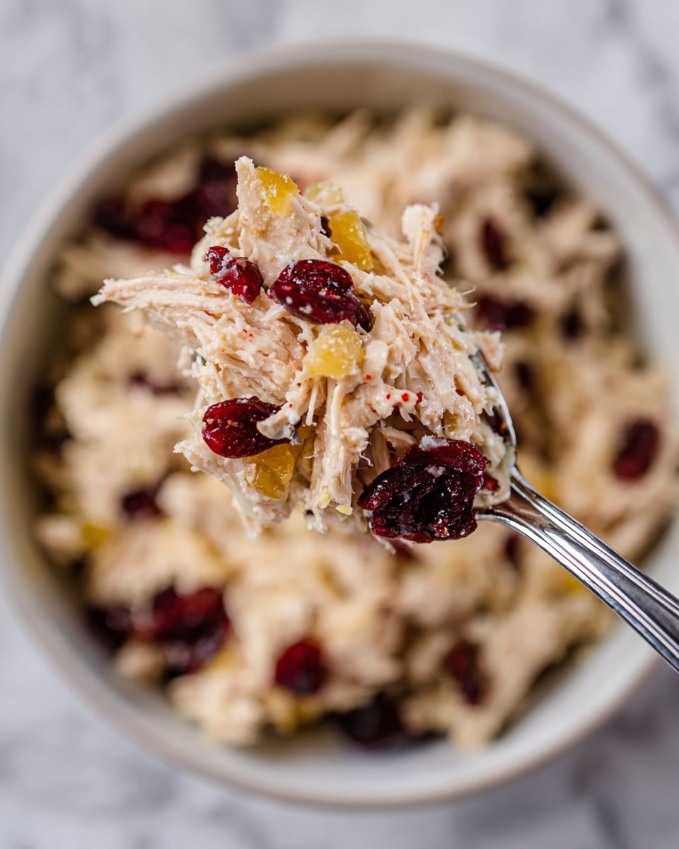 A close-up view of a spoon full of shredded light beige chicken mixed with bright red dried cranberries and small pieces of yellow fruit or vegetable, all showing a fibrous texture. The spoon is shining silver and is held over a white bowl filled with the same chicken and cranberry mix. The bowl sits on a white marbled surface with a soft, light background. Photo taken with an iphone --ar 4:5 --v 7
