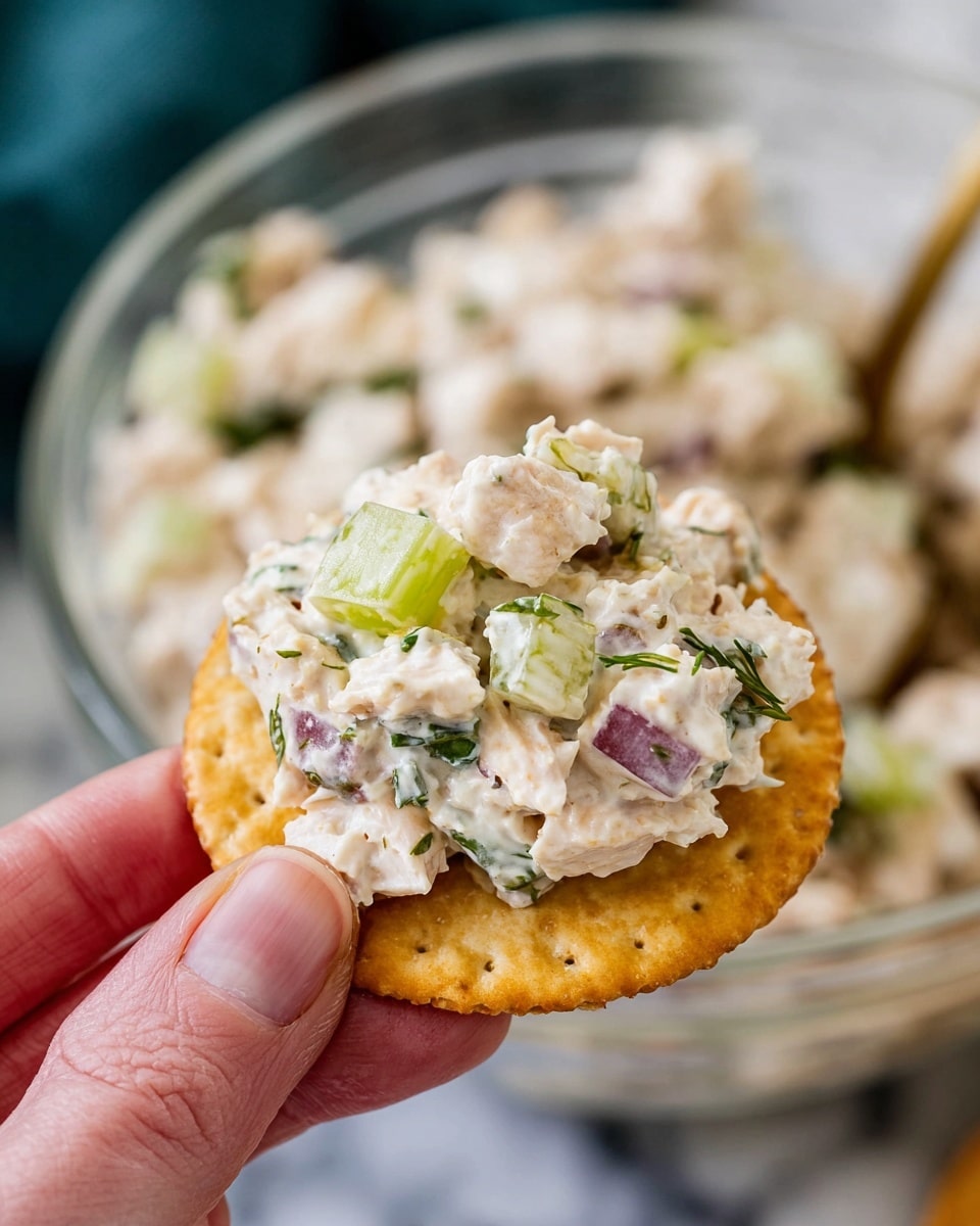 A close-up view of a round golden cracker topped with a creamy mixture that has three main layers: white creamy base with small chunky pieces of light beige chicken, small bright green celery pieces, and finely chopped herbs and tiny bits of purple onion mixed in. The cracker is held by a woman's hand with light skin. In the background, there is a clear glass bowl filled with the same creamy chicken salad, sitting on a white marbled surface. Photo taken with an iphone --ar 4:5 --v 7