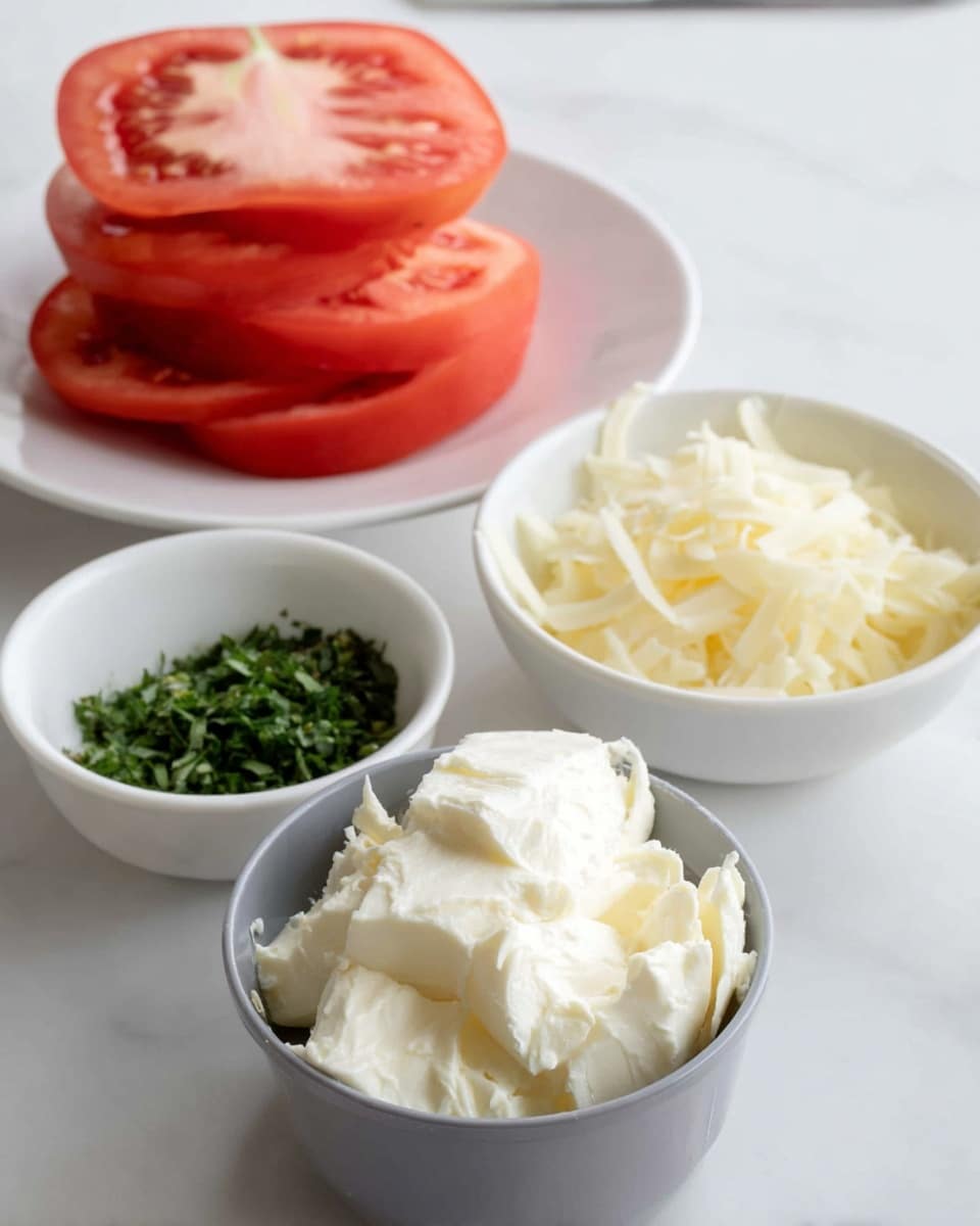 The image shows four separate white bowls on a white marbled surface. In the front center, a gray measuring cup holds soft, creamy white cheese with a smooth texture. To the right, a white bowl contains thin, pale yellow cheese shreds. Behind the measuring cup, a smaller white bowl holds finely chopped green herbs. At the back, a white plate is stacked with several round slices of bright red tomatoes that show their juicy texture. The bowls and plate are arranged closely together, highlighting the fresh and prepared ingredients. Photo taken with an iphone --ar 4:5 --v 7