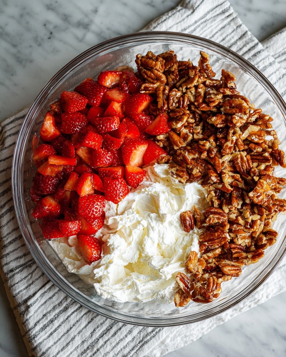 The image shows a clear glass bowl filled with three separate layers of ingredients arranged side by side. On one side, there are light, fluffy white cream layers, looking soft and smooth. Next to the cream, there is a pile of chopped bright red strawberries, with juicy and shiny textures visible. The last section contains a crunchy layer of golden brown pecans mixed with a sticky caramel-like coating, adding a rough and glossy contrast. The bowl is placed on a white marbled surface, and part of a white cloth with gray stripes is visible under the bowl. Photo taken with an iphone --ar 4:5 --v 7