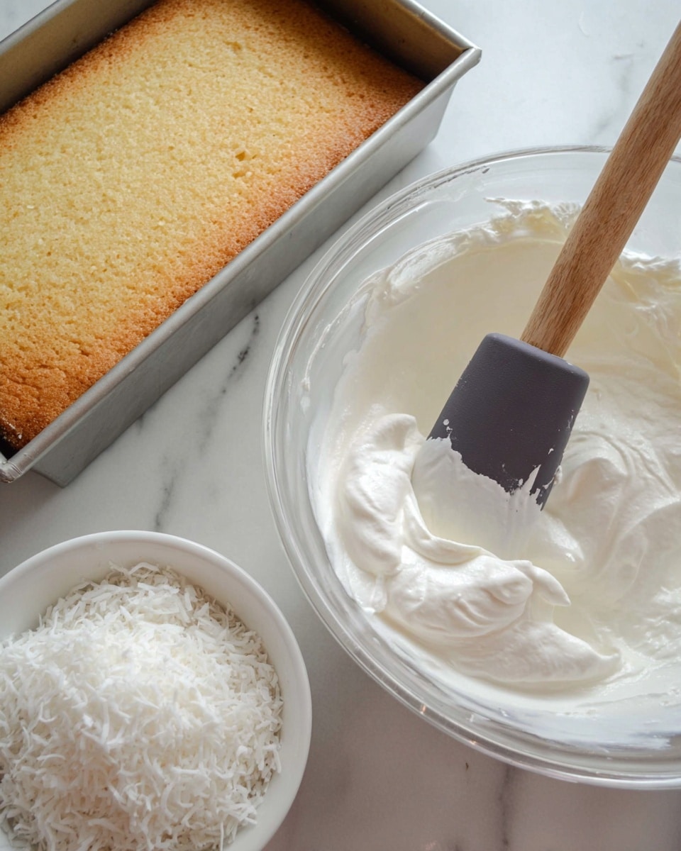 The image shows a close-up of a baking scene on a white marbled surface with three main items: on the left, a light brown cake with a slightly golden top sits inside a silver baking tray; next to it, on the right, there is a large clear glass bowl filled with fluffy white cream being stirred by a spatula with a wooden handle and a dark gray silicone head; and in the bottom center, a small white bowl is filled with white shredded coconut flakes, creating a soft texture contrast. The spatula is partially covered with the cream, and the lighting highlights the smoothness of the whipped mixture. Photo taken with an iphone --ar 4:5 --v 7