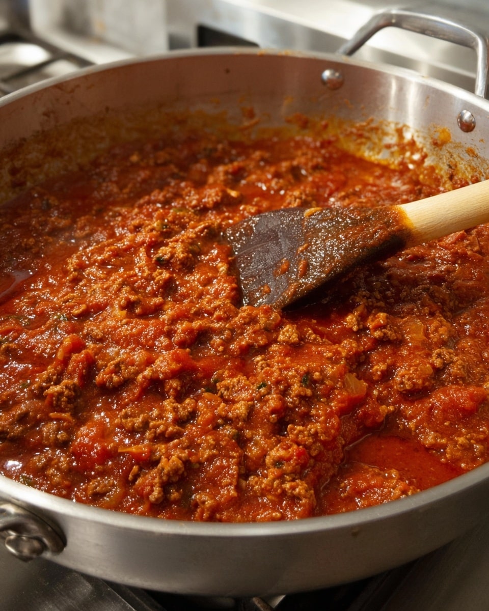 The image shows a large silver pan filled with a thick, rich red meat sauce that has a chunky texture. The sauce looks like it has ground meat mixed with a tomato-based sauce, including visible small pieces of vegetables like onions and herbs. A dark wooden spoon rests inside the pan, partially covered in the sauce with some sauce dripping off it. The pan is placed on a smooth stovetop, and the background shows a subtle shiny kitchen area with lightly colored cabinets. Photo taken with an iphone --ar 4:5 --v 7
