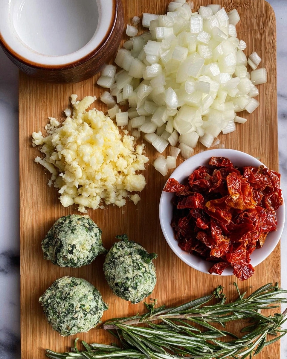 The image shows a wooden board with four different food items placed on it. On the top right, there is a thick layer of small white chopped onions with a slightly shiny texture. To the left of the onions, there is a smaller pile of finely chopped garlic, pale yellow and slightly moist. Below the garlic, there are three small rough green frozen spinach balls with icy textures. On the bottom right, a white bowl filled with bright red sun-dried tomatoes, wrinkled and oily in appearance. A sprig of fresh green rosemary is placed at the bottom edge of the board. The surface beneath the board is white marble textured. A small empty bowl with a white interior and brown rim is partially visible at the top left corner. Photo taken with an iphone --ar 4:5 --v 7