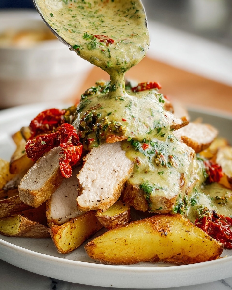 This dish has three main layers on a white plate set on a white marbled surface. The bottom layer is golden brown roasted potato wedges with crispy edges. On top of the potatoes, there are thick slices of cooked light beige meat, with a few pieces of bright red sun-dried tomatoes scattered around. The final layer is a creamy green sauce with visible herbs and some red bits being poured over the meat and potatoes from a spoon held by a woman's hand just above the dish. The sauce looks smooth but textured with leafy green pieces and small chunks of ingredients. photo taken with an iphone --ar 4:5 --v 7