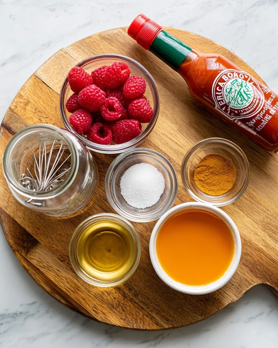 The image shows a wooden cutting board with several small glass bowls and a bottle placed on it, all arranged neatly on a white marbled surface. On the top left, there is a bowl filled with bright red raspberries, next to a small bowl with white salt. Below these are two small clear bowls, one empty and the other containing a yellowish-brown powder. On the bottom right, a bowl holds a clear golden oil. A white bowl in the center holds an orange liquid. To the left on the cutting board is a glass jar with a metal whisk inside, and its metal lid rests nearby. Above the bowls, a tilted bottle of Tabasco sauce with a red cap and green label lies diagonally across the board. Photo taken with an iphone --ar 4:5 --v 7