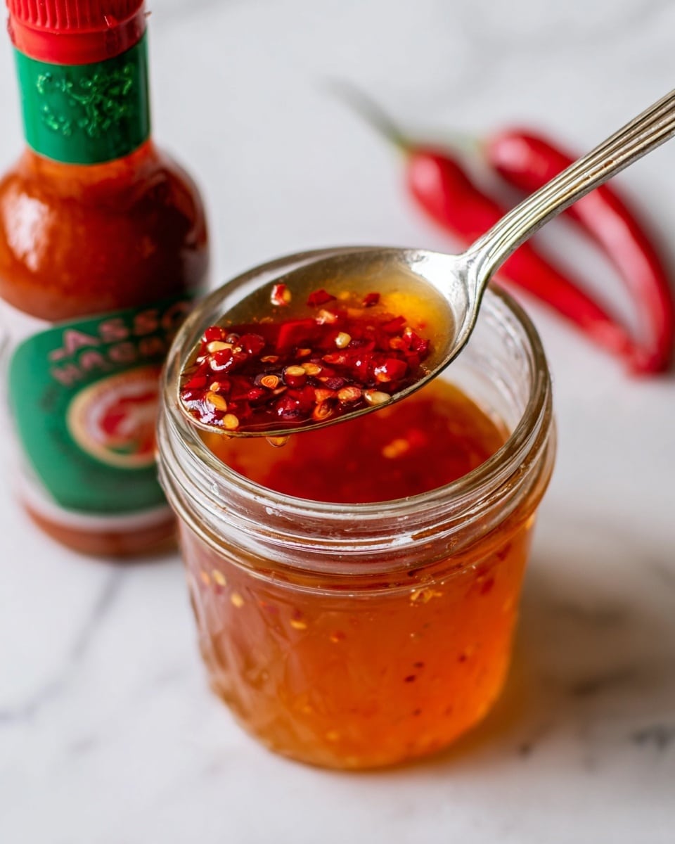 A close-up view of a clear glass jar filled with a reddish-orange liquid containing small red pepper pieces. A shiny spoon is dipped inside the jar, lifting some of the red pepper bits, with the top layer of the liquid showing a slight oily sheen. Behind the jar, there is a bottle of hot sauce with a green label and a red cap, and a couple of red chili peppers blurred on a white marbled surface. The focus is sharp on the jar and spoon, highlighting the texture of the liquid and peppers. Photo taken with an iphone --ar 4:5 --v 7