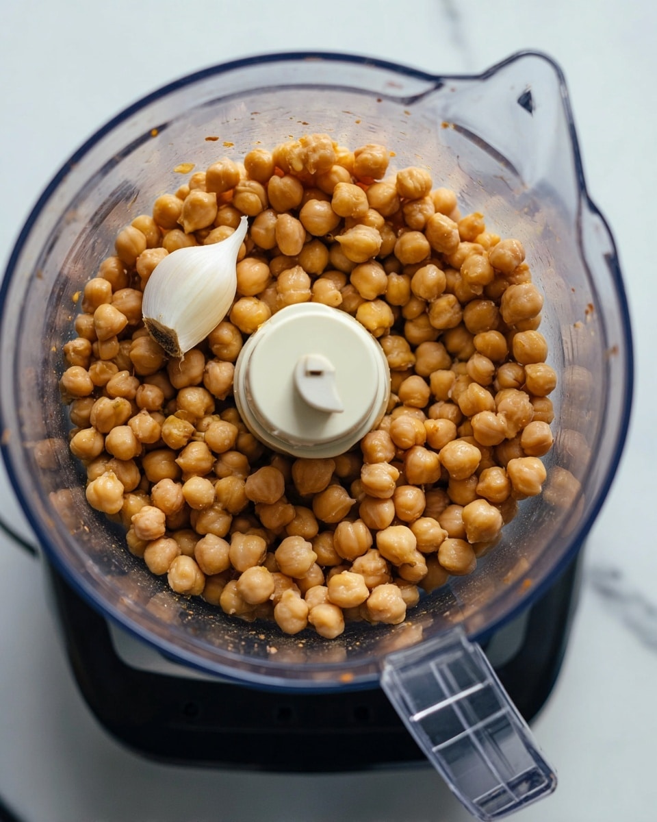 Inside a clear food processor bowl, there is one layer of light brown chickpeas covering the bottom, with a smooth white garlic clove resting on top near the center. The food processor has a transparent handle on the right side, and the base underneath is black. The background shows a white marbled surface. photo taken with an iphone --ar 4:5 --v 7