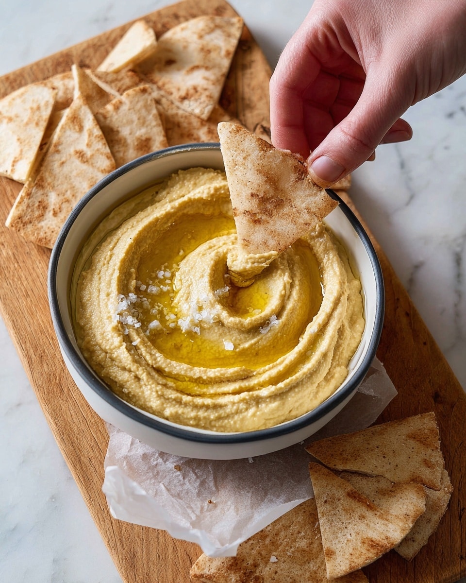 A close-up shows a woman's hand dipping a folded, light tan pita chip with darker toasted spots into a bowl of creamy, pale yellow hummus that has a smooth, thick texture. The hummus is swirled in the white bowl, with a drizzle of golden olive oil flowing into the swirls and a few flakes of salt sprinkled on top. Around the bowl, there are several folded pita pieces resting on white parchment paper over a wooden board. The background is a white marbled surface. photo taken with an iphone --ar 4:5 --v 7