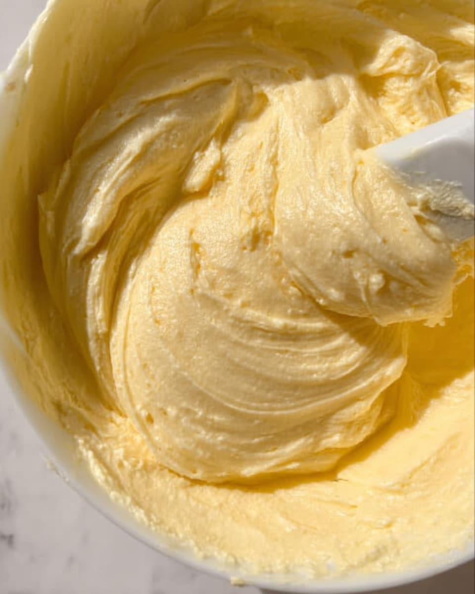 The image shows a close-up view of a creamy, light yellow batter or dough in a white bowl. The texture looks smooth and slightly fluffy, with visible soft swirls and small air pockets. A utensil with a white handle is partially sunk into the mixture on the right side, lifting some of the batter, creating a raised, rounded mound. The background is a white marbled surface. photo taken with an iphone --ar 4:5 --v 7