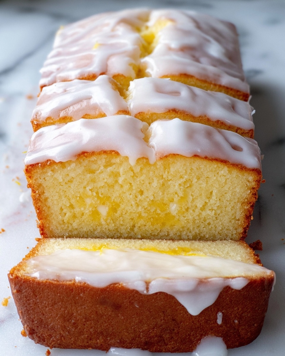 A loaf of yellow cake with four thick slices visible from the top, each slice covered with a white, shiny icing layer that looks smooth but slightly uneven, with some thicker patches and small cracks. The cake base is golden brown with a soft texture, while the icing stands out with its glossy, creamy white color. The cake is placed on a white marbled surface, showing a fresh and inviting appearance. photo taken with an iphone --ar 4:5 --v 7