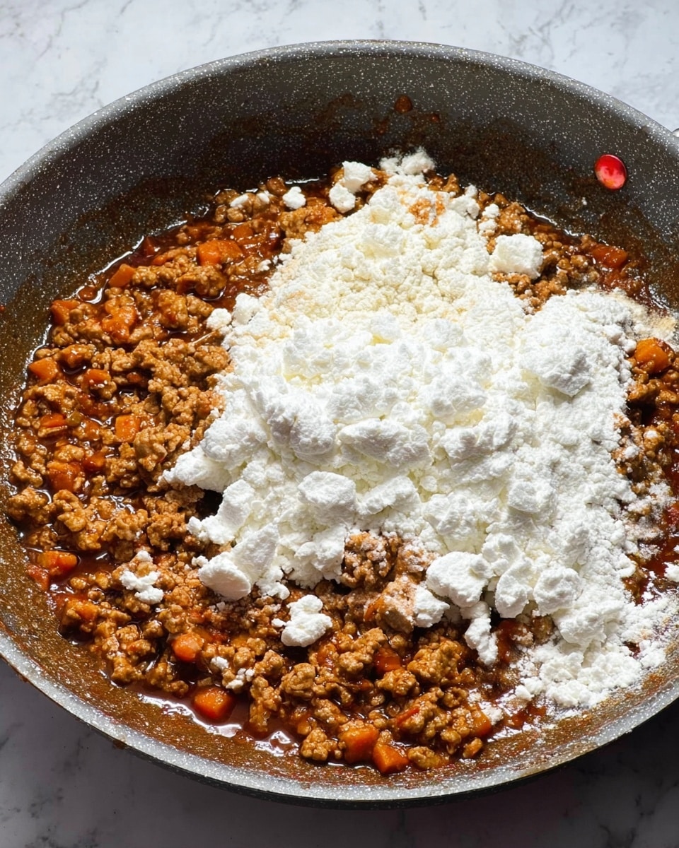 Inside a grey pan, ground meat mixed with small pieces of orange carrot and brown sauce form the base layer, covering almost the entire cooking surface. On top of this mixture, there are several clumps of white flour unevenly spread across the center and right side. The meat looks cooked and slightly shiny from the sauce, while the flour stands out as dry and powdery. The pan has a rough texture and a red dot on the edge is visible. The background is a white marbled texture. photo taken with an iphone --ar 4:5 --v 7