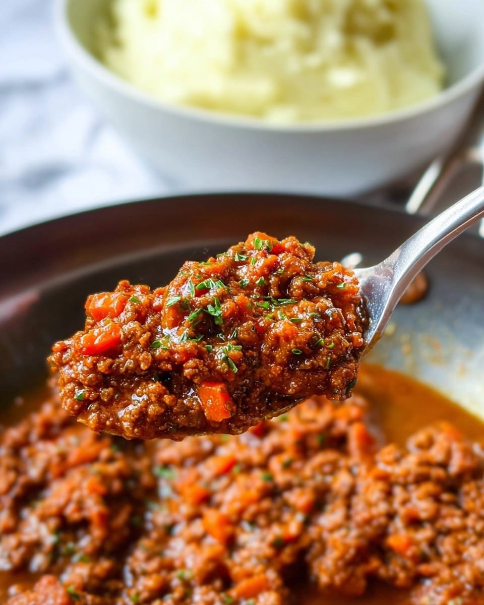 A close-up view of a spoon holding a richly textured meat sauce with small orange carrot pieces and green herbs sprinkled on top, showing a thick, chunky consistency in deep reddish-brown color. Below the spoon is a pan with more of the same meat sauce spread unevenly. Behind the spoon and pan, there is a blurred white bowl with light, creamy mashed potatoes. The whole scene is set against a white marbled texture. Photo taken with an iphone --ar 4:5 --v 7