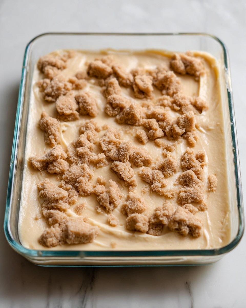 A glass baking dish with one layer of smooth, pale beige dough spread evenly inside. On top of this dough, there are many small, uneven clumps of a light brown sugary mixture scattered around, creating a rough, grainy texture in spots. The dish is placed on a white marbled surface. photo taken with an iphone --ar 4:5 --v 7