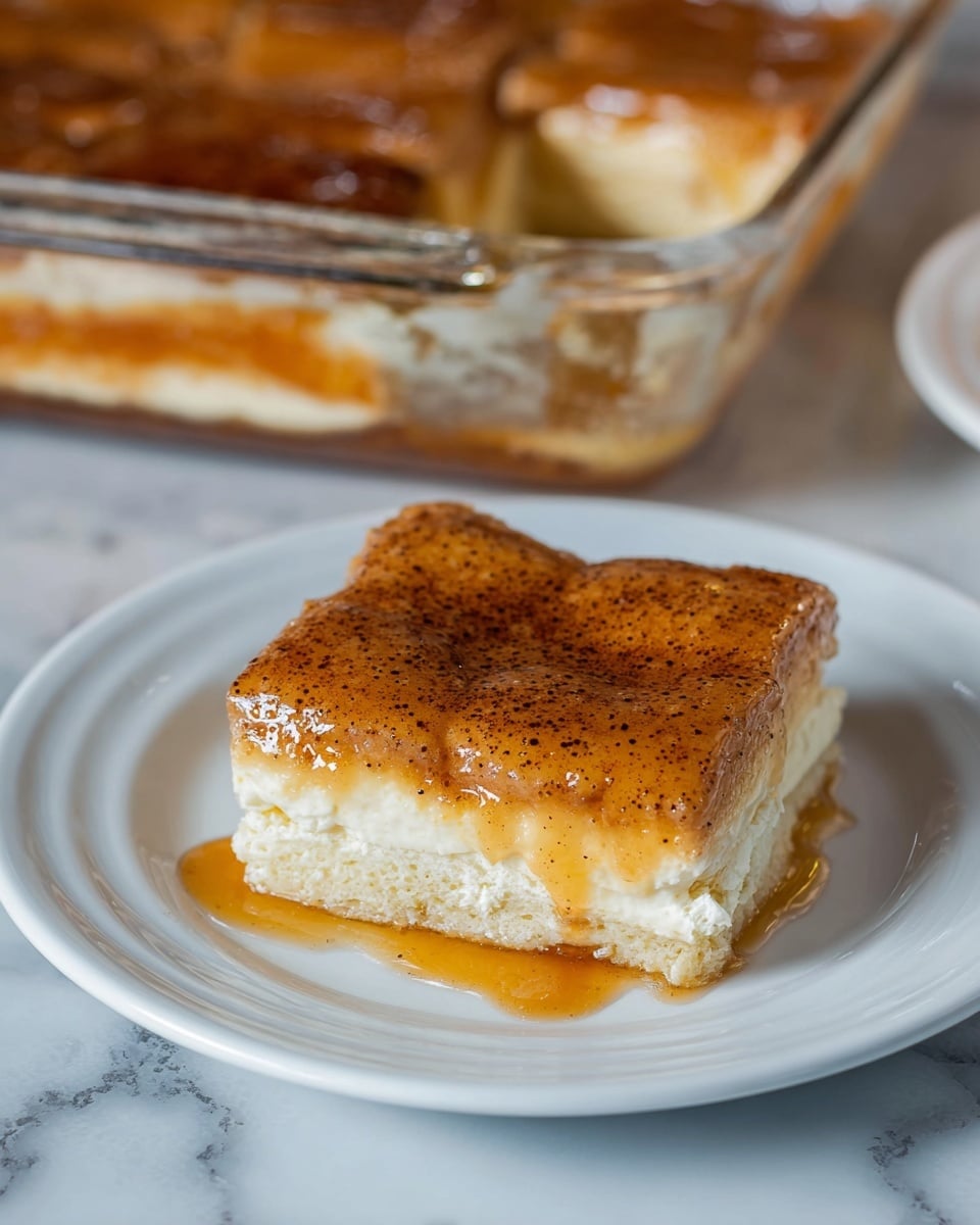 A square piece of dessert with two layers sits on a white plate on a white marbled surface. The bottom layer is pale and creamy with a soft, smooth texture, while the top layer is a shiny, light brown layer with small specks of cinnamon, covered in a glossy syrup that slightly drips down one side. In the background, a glass baking dish holds the remaining dessert, showing more of the same two layers. The photo taken with an iphone --ar 4:5 --v 7