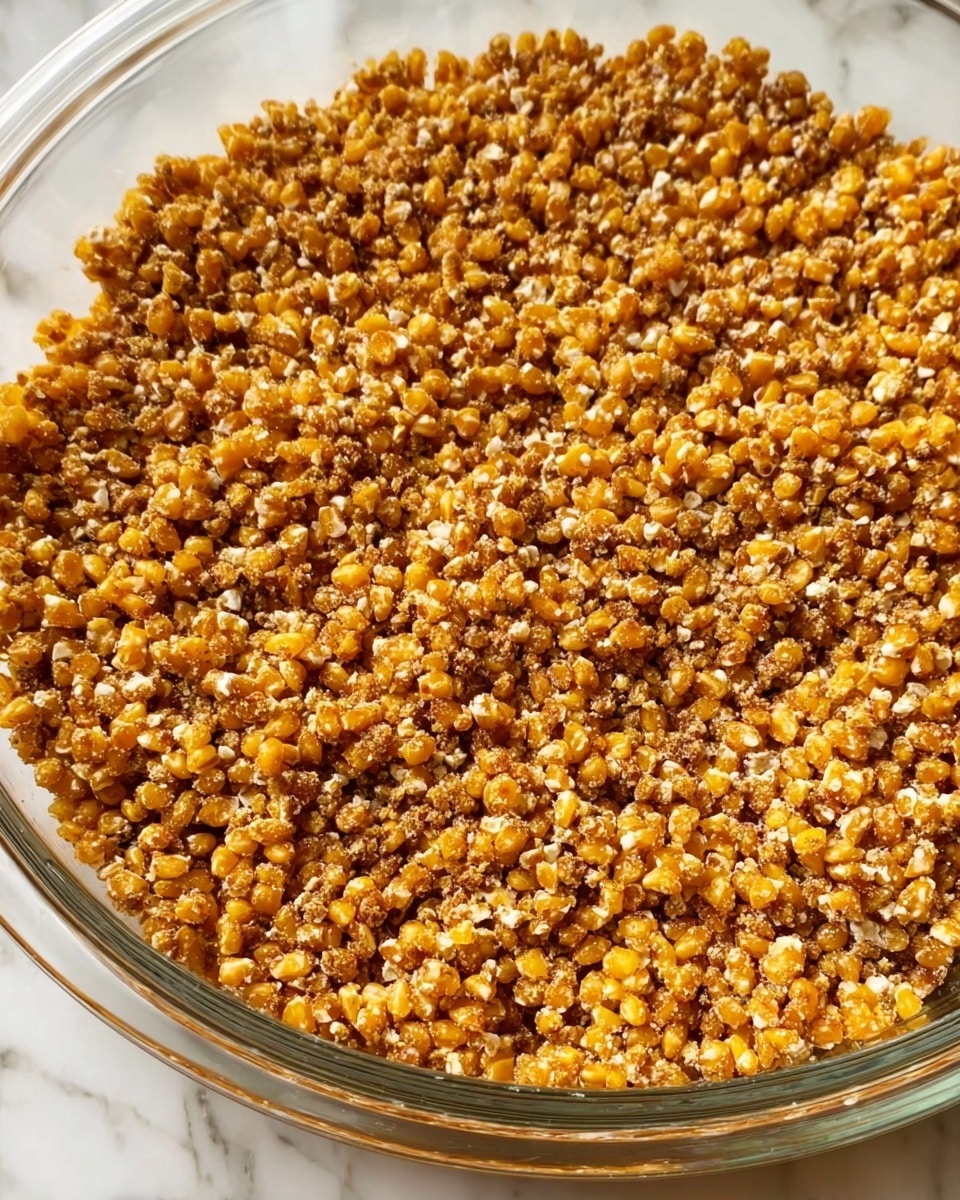 The image shows a close-up of a single layer of small, golden-brown popped grains spread evenly in a clear glass baking dish. The texture looks crunchy and slightly irregular with some bits appearing lighter in color, giving a mix of warm tones all over. The dish rests on a white marbled surface, creating a clean and simple background. Photo taken with an iphone --ar 4:5 --v 7
