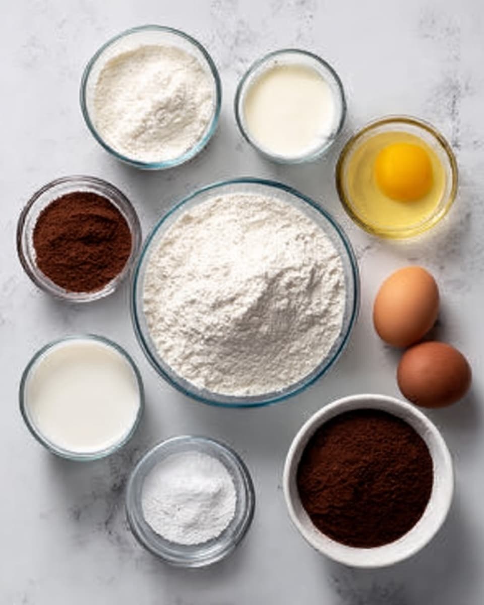 The image shows nine clear glass bowls on a white marbled surface. One bowl contains white flour and is the largest, placed near the center. Surrounding it are smaller bowls with white sugar, brown cocoa powder, light yellow oil, white milk, two brown eggs, a small bowl of white salt, another with white baking powder, and a small bowl filled with dark brown coffee powder. The arrangement is neat, and all bowls are white inside, giving a clean look. Photo taken with an iphone --ar 4:5 --v 7