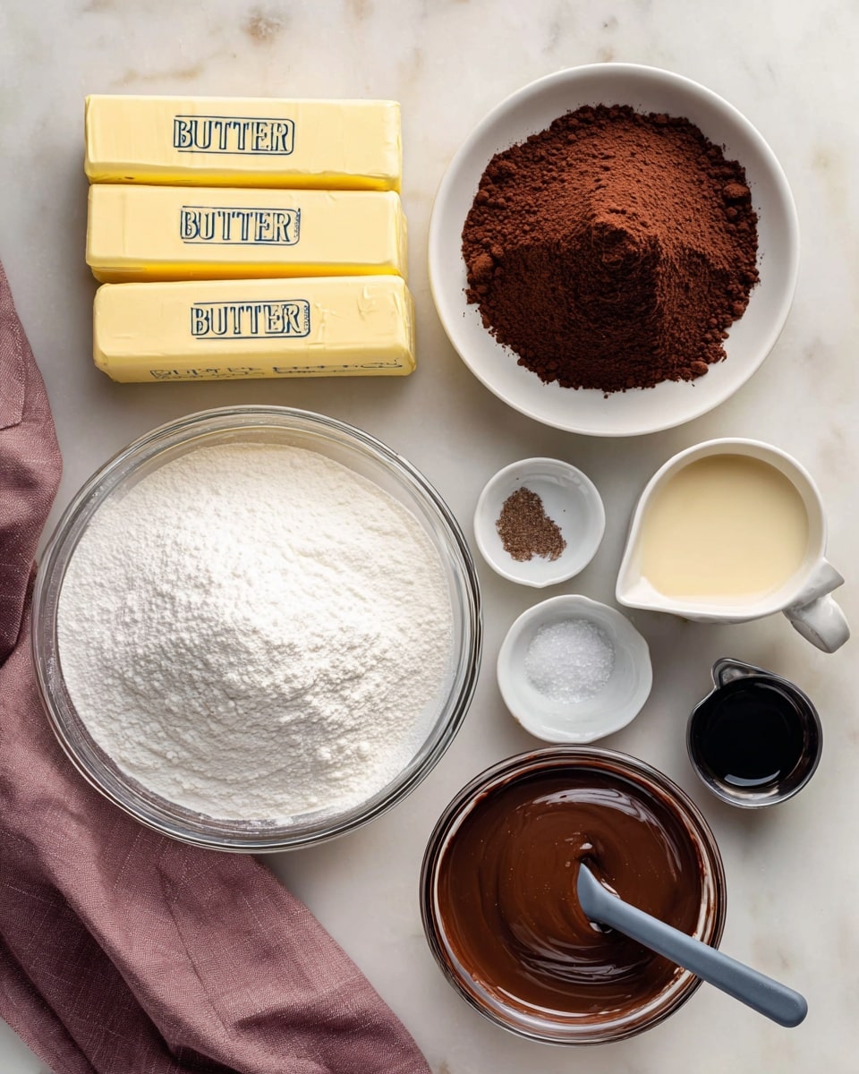 The image shows several ingredients arranged neatly on a white marbled surface. There are three sticks of butter with yellow wrappers labeled “BUTTER” placed horizontally at the bottom left. Above them, a clear glass bowl is filled with white powdered sugar, looking soft and fluffy. To the right of this bowl, there is a smaller clear glass bowl with smooth dark brown melted chocolate and a gray spatula resting inside it. Above the powdered sugar, a white bowl holds a mound of cocoa powder, dark brown and finely textured. Next to it, a small white bowl with a pouring spout contains a light cream-colored liquid. To the right of this, a tiny silver bowl holds some white salt. Below the salt, a small black bowl contains a dark liquid, probably vanilla extract. A folded mauve cloth is placed near the bottom left corner. photo taken with an iphone --ar 4:5 --v 7
