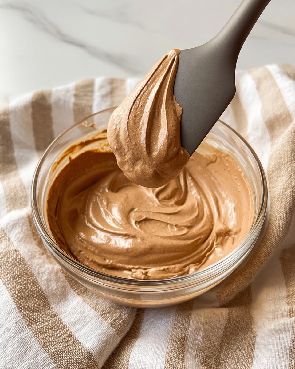 A clear glass bowl filled with thick, smooth, light brown mousse with a creamy texture. A dark gray silicone spatula lifts a dollop of the mousse, showing its rich and airy swirl. The bowl rests on a beige and white striped cloth, all set on a white marbled surface. The soft mousse reflects light to reveal its fluffy and glossy appearance. photo taken with an iphone --ar 4:5 --v 7