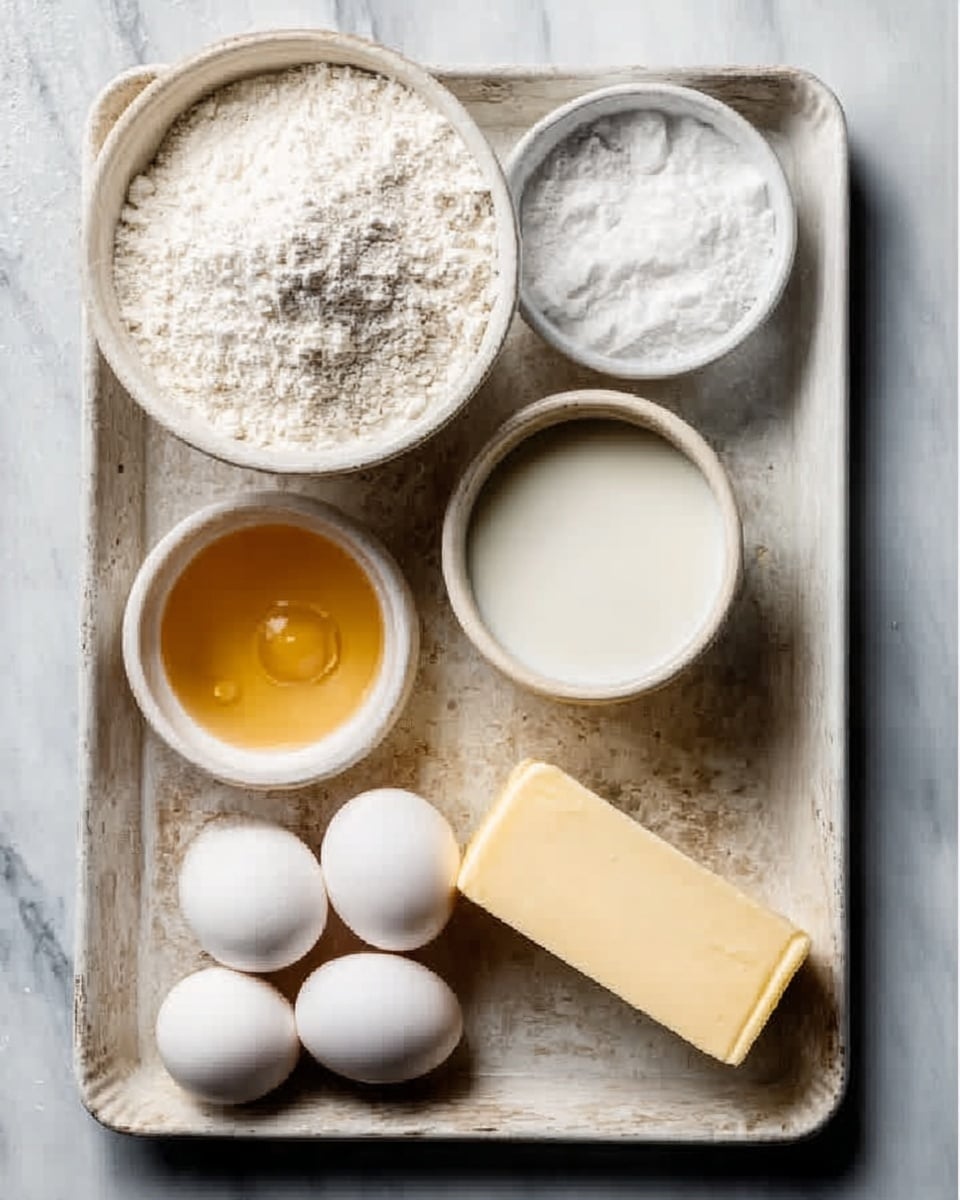The image shows a baking tray with a white marbled surface underneath. On the tray, there is a white bowl filled with flour, a white bowl with sugar, a white bowl of milk, and a small white bowl with honey. Nearby are four white eggs and a stick of butter with a soft yellow color. The colors are light and natural, and the textures vary from smooth milk and honey to powdery flour and solid butter. photo taken with an iphone --ar 4:5 --v 7