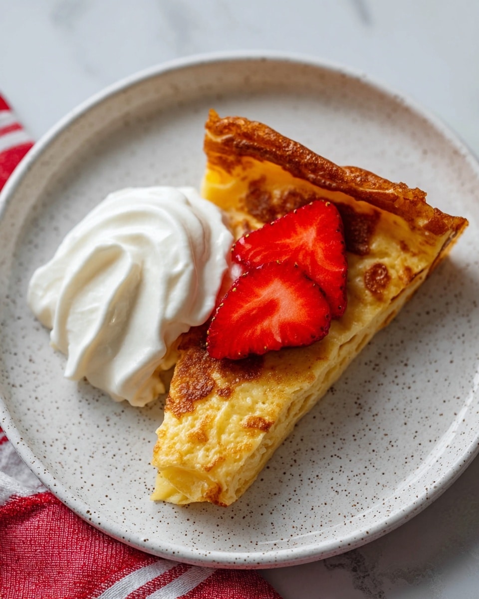 A single piece of golden brown baked pancake with crispy edges sits slightly angled on a white, speckled, round plate. On the left side of the pancake, there is a smooth, fluffy dollop of white whipped cream that spills down the side. On top of the whipped cream near the center, two fresh red strawberry slices are placed, one showing its bright red, glossy surface with visible seeds and the other partially hidden. The plate rests on a white marbled surface with a red and white cloth partially visible in the background. photo taken with an iphone --ar 4:5 --v 7