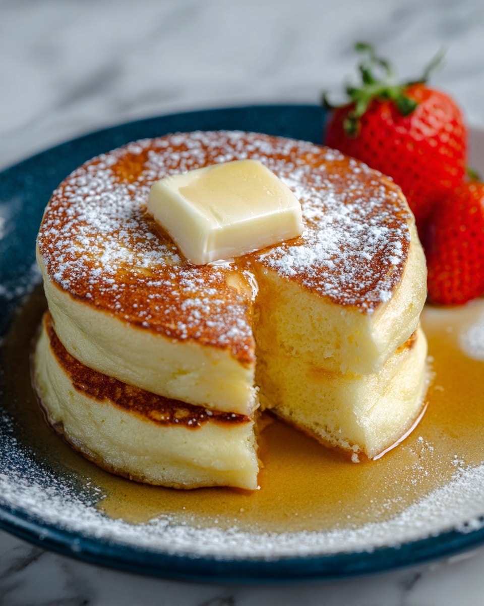 A stack of two thick, fluffy golden-brown pancakes sits in the center of a white plate with syrup pooled underneath. A small square of melting pale yellow butter rests on the top pancake, which also has a light dusting of powdered sugar. Two bright red strawberries with green tops are placed in the background on the plate near the pancakes. The whole scene is set on a white marbled surface. photo taken with an iphone --ar 4:5 --v 7