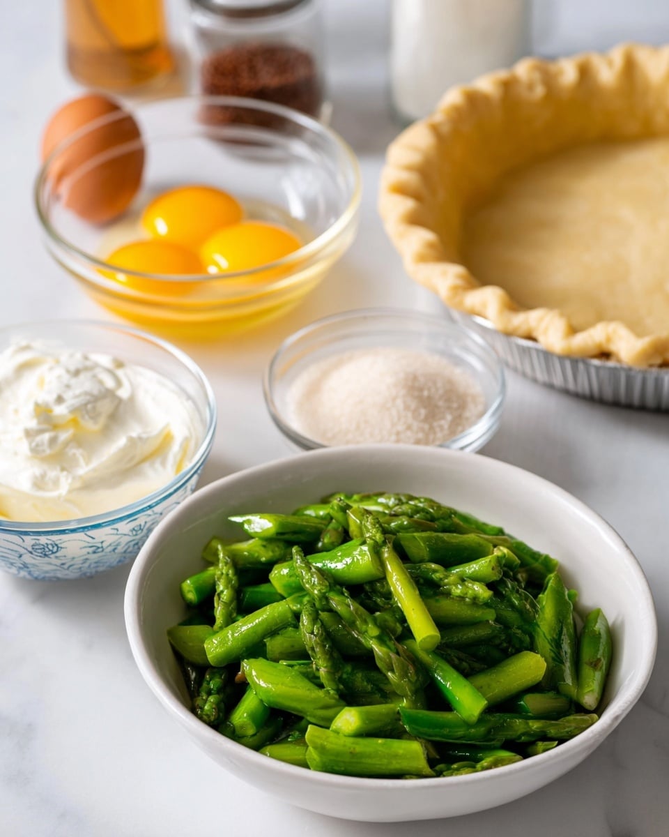 The image shows a white bowl in the front filled with bright green, cooked asparagus pieces that look shiny and fresh. Behind this bowl, there is a white pie crust in a metal pie dish with a golden-brown edge, set on a white marbled surface. To the left, a clear glass bowl holds two raw eggs with yellow yolks and transparent whites. Nearby, there is a small clear bowl with a light beige powder inside and another bowl with white cream cheese or sour cream, which has a smooth texture and is placed in a bowl that has a white inside with blue pattern on the rim. Additionally, there is a small glass bowl with a white powder that looks like salt and a pepper grinder partly visible on the left side. The clean arrangement highlights the fresh and simple cooking ingredients. photo taken with an iphone --ar 4:5 --v 7