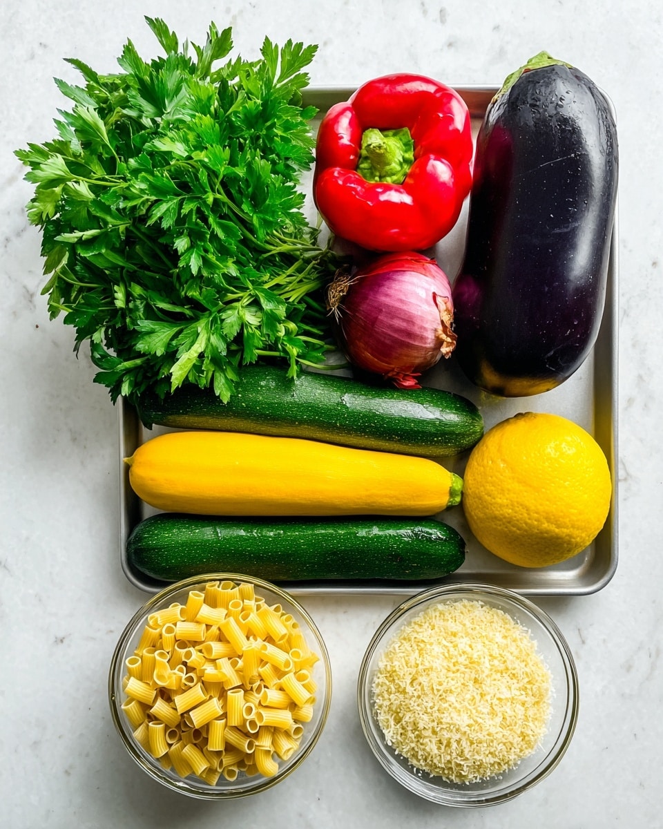 A tray with fresh vegetables and ingredients arranged neatly on a white marbled surface, including a large bright green parsley bunch on the left side, a shiny red bell pepper and a dark purple eggplant at the top right, a round reddish onion and a vibrant yellow lemon in the middle, with a dark green zucchini and a yellow squash lined up horizontally below. To the bottom right, there is a small bunch of fresh green basil leaves. In front of the tray, there are two clear glass bowls, one filled with small yellow pasta tubes and the other with grated pale yellow cheese. Photo taken with an iphone --ar 4:5 --v 7